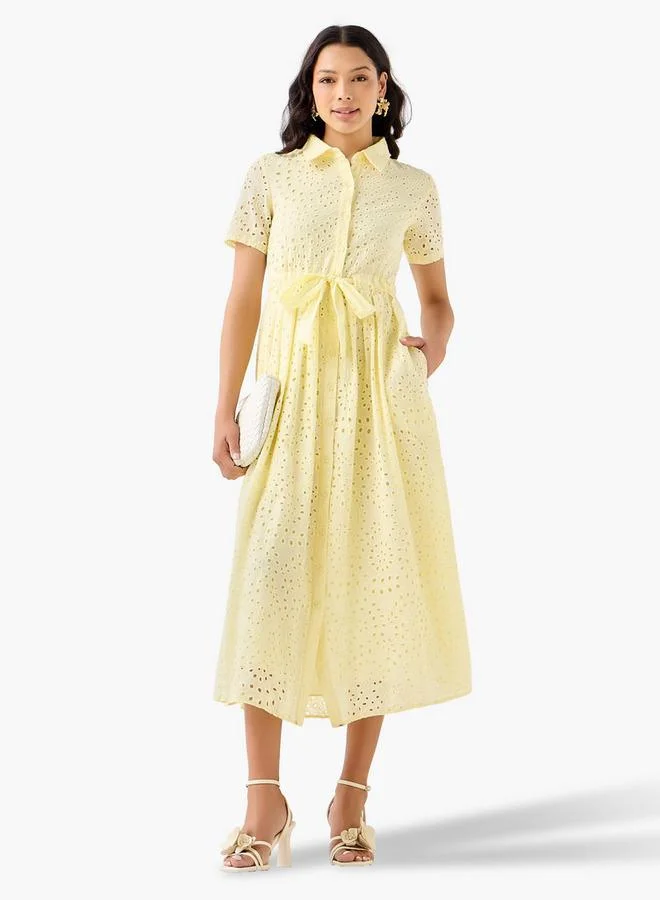 2Xtremz 2Xtremz Belted Midi Cotton Shirt Dress with Schiffli Embroidery